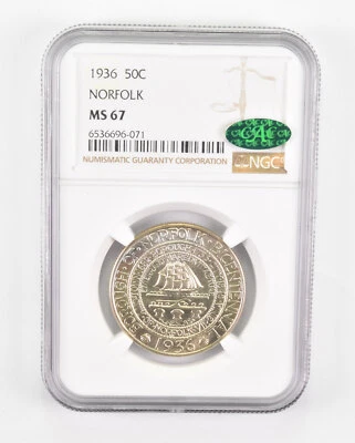 MS67 1936 Norfolk Bicentennial Commemorative Half Dollar CAC - Graded NGC *0588 - Image 1 of 3