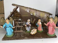 Vintage Nativity Manger Scene Made in Italy Rustic Wood Stable with Figurines