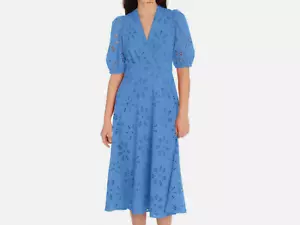 Maggy London Womens Blue Eyelet V-Neck Daytime Midi Dress 12 New - Picture 1 of 2
