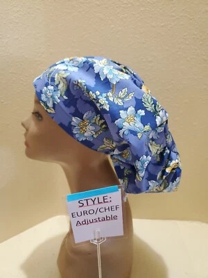 Yellow & Blue Flowers Women's Euro/Chef Surgical Scrub Hat/Cap Handmade - Image 1 of 4