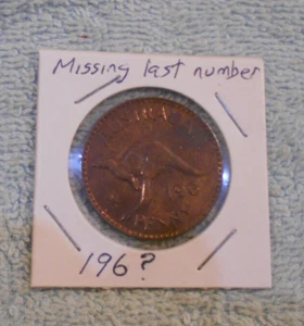 #C63. ERROR 1960s AUSTRALIAN BRONZE PENNY COIN, MISSING LAST NUMBER - Picture 1 of 4