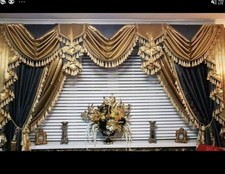 DESIGNER CURTAINS . SWAGS, TAILS , PELMET HEAVILY TASSELLED BLACK GOLD/SILVER