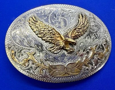 Patriotic Flying American Bald Eagle Silver Plated Mexico Made Vtg. Belt Buckle - Image 1 of 4