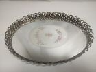 Mirrored Dresser Tray with Metal Floral Filigree Edge Pink Rose Design 13.5"