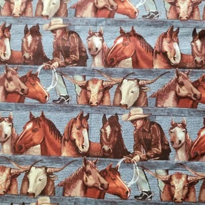 2 Yards VTG Cowboy Rodeo Western Rope Horse Longhorn Quilting Cotton Fabric - Picture 1 of 14