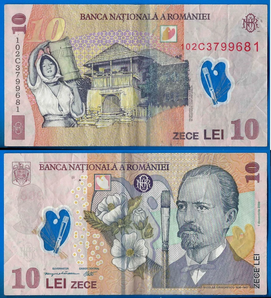 Romania 10 Lei 2008 Grigorescu Nico Polymer Centrale Europe Free Shipping World - Image 1 of 3