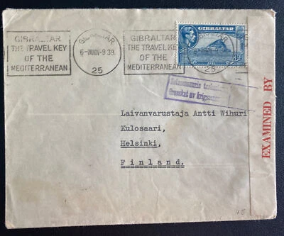 1939 Gibraltar Censored Slogan Cancel Cover To Helsinki Finland - Image 1 of 2