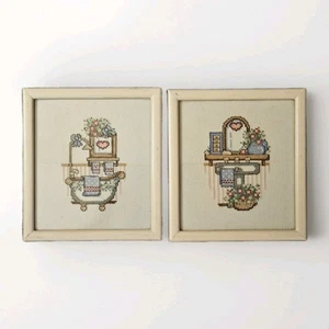 Set of 2 Vintage Country Finished Cross stitch bathroom wall decor wood framed - Picture 1 of 5