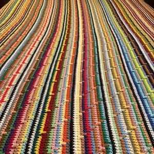 Handmade Striped Afghan With Fringe Knitted Rainbow 85 X 66 Blanket Throw Granny - Picture 1 of 7