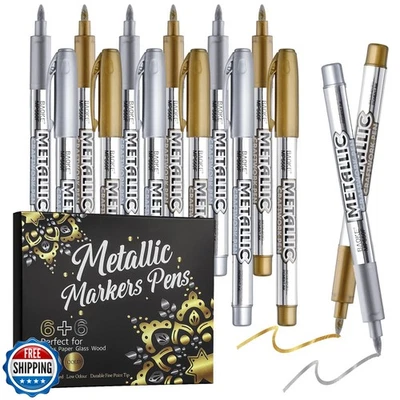 12 Pack Metallic Markers Pens, Water Based Silver and Gold Paint Pens, Gold a - Image 1 of 4