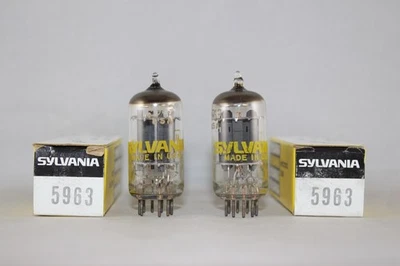 2 MINT MATCHED Pair Sylvania 5963 Hi-Fi Audio 12AU7 ECC82 TEST STRONG 100%+ NOS - Image 1 of 4