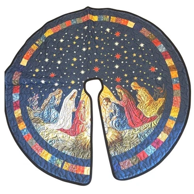 Nativity Scene Quilted Christmas Tree Skirt Starry Night Religious Holiday Decor - Image 1 of 4