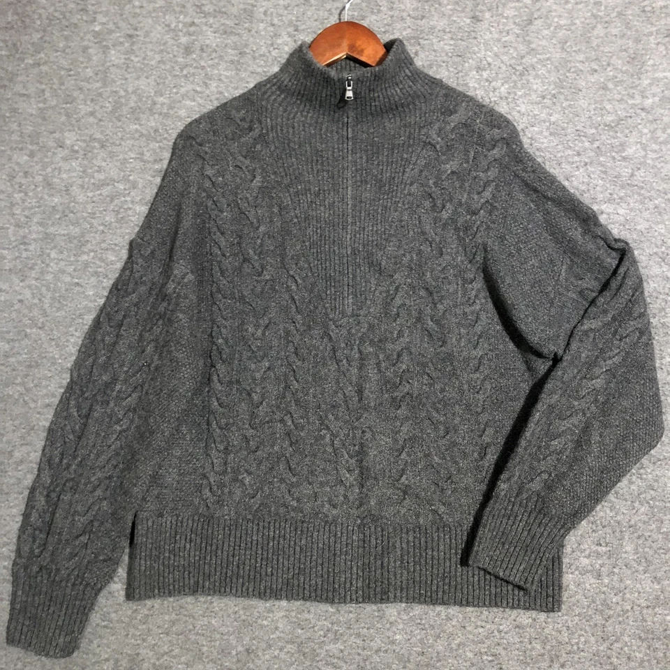 J.Crew Sweater Mens M Gray Half Zip Cable Knit Merino Alpaca Pullover Preppy - Image 1 of 4