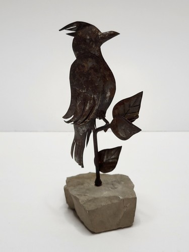 Rustic Distressed Metal Bird on Rock Stone Base 3.75