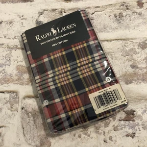 Ralph Lauren MADRAS Bright Red Plaid 2 Standard Pillowcases w/ Buttons NOS 90s - Picture 1 of 6