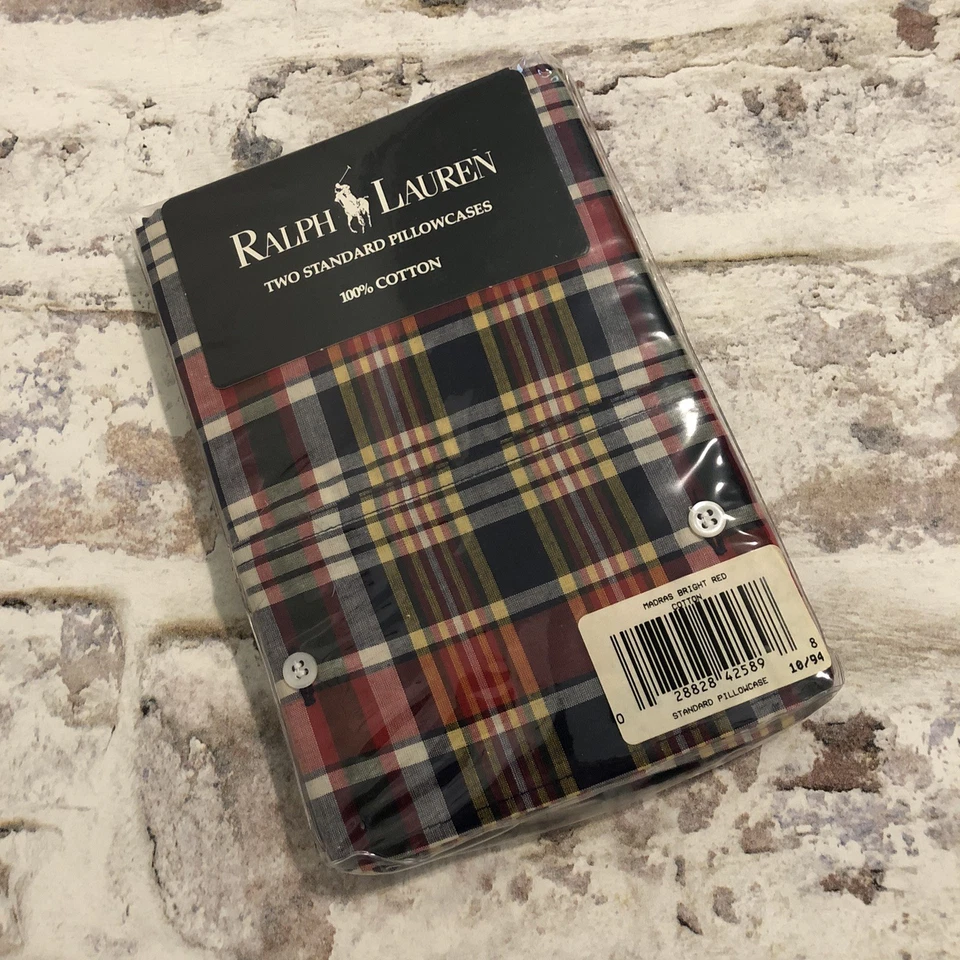 Ralph Lauren MADRAS Plaid 2 Pillowcases w/ Buttons Kennebunkport NOS 90’s New - Image 1 of 4