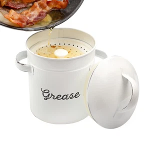 White Enamelware Grease Container w/Strainer, Farmhouse Style Kitchen StorageTin - Picture 1 of 10
