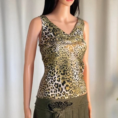 Camiseta sin mangas vintage años 90 ANNE KLEIN estampado de leopardo seda cuello en V indie sleaze talla S Foto 1 de 4