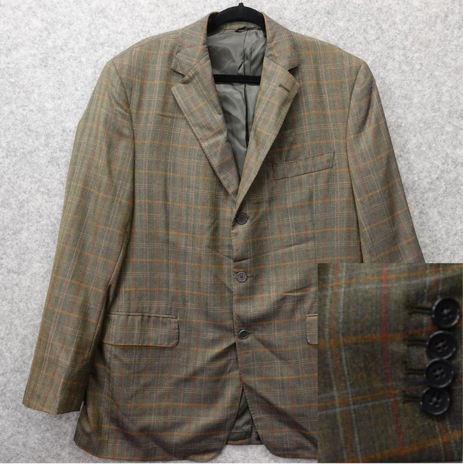 美国制造 Windowpane 格纹运动外套男式 40R 绿色 HOLLAND SHERRY 定制夹克 — 第 1/4 张图片