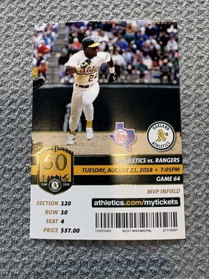 HOF Rickey Henderson Souvenir Baseball Ticket Oakland Athletics August 21 2018 - Image 1 of 4