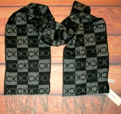 MENS CALVIN KLEIN CHECKED CHARCOAL BLACK SCARF - Image 1 of 2