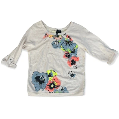 Full Tilt Junior's Cream Floral Lace Back 3/4 Length Roll Tab Sleeve Shirt XL - Image 1 of 4