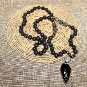 Lava Rock Volcano Beaded Necklace Natural With Obsidian Arrowhead NWOT - Picture 1 of 11