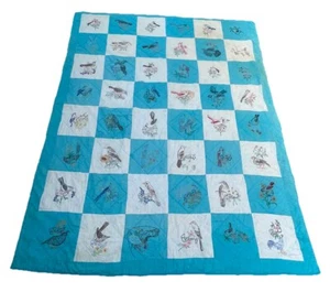 Vtg QUILT 50 State Birds & Flowers Hand Sewn Embroidered blue 88 x 68” Queen - Picture 1 of 7