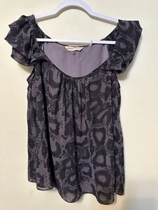 Rebecca Taylor Rüschen durchsichtig schwarz/lila Schlangenleder Druck Kurzarm Top Größe 0 - Bild 1 von 5
