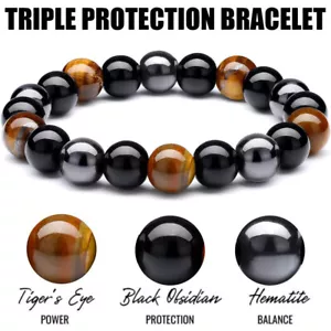 Protection Bracelet Triple Gem Hematite Obsidian Tigers Eye Original Gemstone UK - Picture 1 of 14