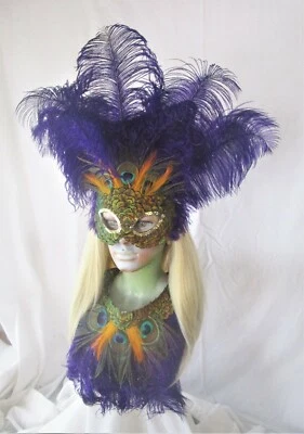 Mardi Gras mask and collar set with purple ostrich and peacock feathers 1086 S - Image 1 of 4