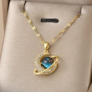 Womens Necklace Moon Sky Pendant 18K Gold Plated Stainless Steel Jewelry Gift - Picture 1 of 3