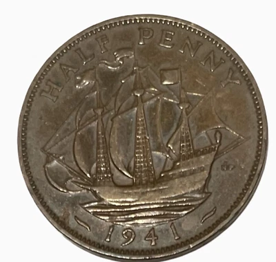 Moneda Mundial de Medio Centavo Gran Bretaña 1941 Jorge VI KM# 844 Lote B7-323 Foto 1 de 4