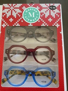 Paquete de 3 gafas para lectores MARTHA STEWART REDONDAS GRIS, ROJO, AZUL +2,50 NUEVAS EN CAJA - Imagen 1 de 6