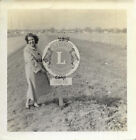 Young Lady On Windy Day By "Lions International" & "Syracuse" Ny Sign* Old Photo