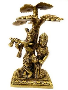 Divine Embrace : Antique Brass Radha Krishna Statue 6Inch - Picture 1 of 7