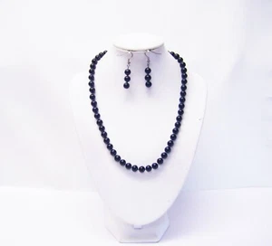 8mm Black Glass Pearl w/Gray Seed Beads Necklace/Earrings Set - Picture 1 of 9