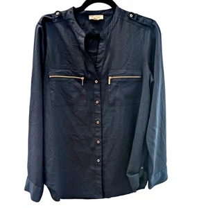 Calvin Klein Bluse dunkelblau Button Down silber Reißverschlusstaschen Gr. M Langarm - Bild 1 von 6