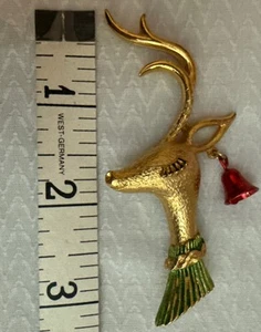 Vintage Gold Tone Signed MYLU Reindeer Brooch Pin Red Hell - Picture 1 of 4