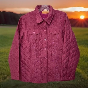 Quacker Factory Quilted Pink Sequin Summer Jacket Size Medium Lightweight Button - Picture 1 of 7