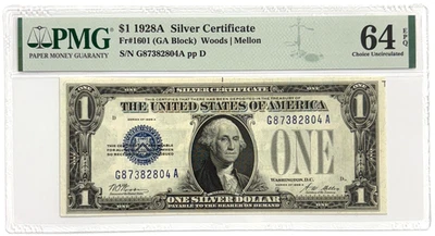 1928A $1 Funny Back Silver Certificate, PMG CU64 EPQ Gem Uncirculated, FR# 1601 - Image 1 of 2