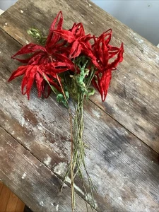 Vintage Red & Green Chenille Poinsettias Christmas Stem  1940-50's Antique WOW - Picture 1 of 7