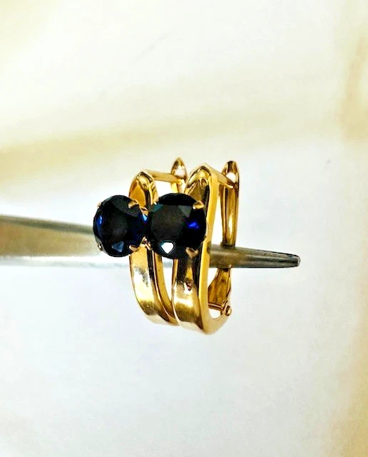 Estate 14K 黄金圆形蓝宝石耳环 — 第 1/4 张图片