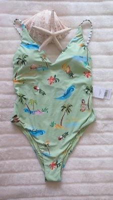 NEW Seafolly 10 AUS Isla Palm One Piece V Neck  Soft Cups Sage Green RRP $199.95 - Image 1 of 4
