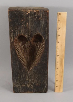 Lg Antique Folk Art Primitive Canadian Maple Sugar Candy Carved Wood HEART Mold  - Image 1 of 4