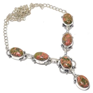 Unakite Gemstone Silver Plated Chain Necklace 18" Engagement Gift for Her - Picture 1 of 1