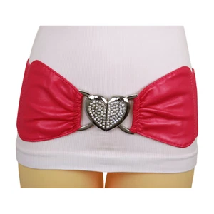 Women Pink Wide Elastic Waistband Belt Silver Metal Love Heart Buckle Size S M - Picture 1 of 23
