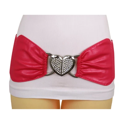Women Pink Wide Elastic Waistband Belt Silver Metal Love Heart Buckle Size S M - Image 1 of 4