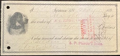 1895 {{LARGE}} **S. P. PIERCE'S SONS** SYRACUSE, N.Y. BANK CHECK+"DOG" VIGNETTE! - Image 1 of 4
