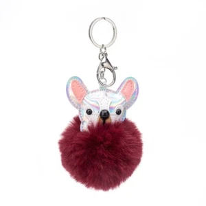 French Bulldog Keychain Frenchie Pendant Dog Key Chain Maroon Pom Pom Clip On - Picture 1 of 2